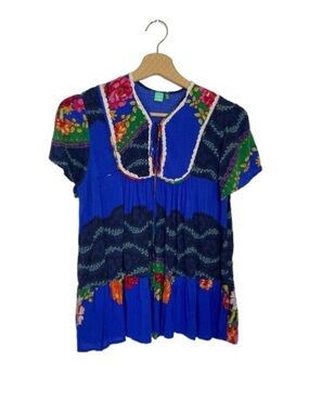RARE Farm Rio Brazil Embroidered Peasant Top - Vibrant Floral Blue - Size S